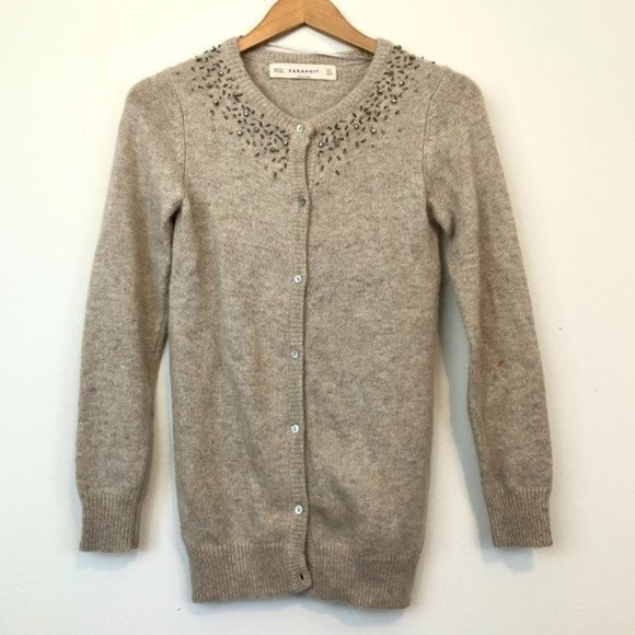 Zara Sweaters Zara Knit Oatmeal Beige Ish Beaded Fuzzy Angora Blend
